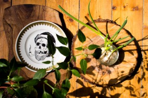 Bloggers Kitchen: Olivenholzbrett vom Markt, Teller von Frau Ines, Baumscheiben, nachgezüchtete Frühlingszwiebeln